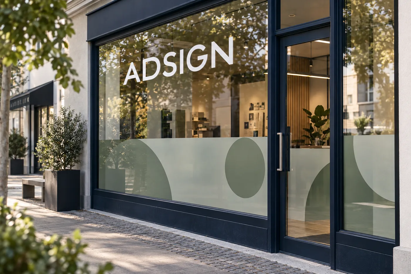Gestaltungsbeispiel einer Glasfront mit weißen Schriftzügen und einer dezenten Sichtschutzfolie